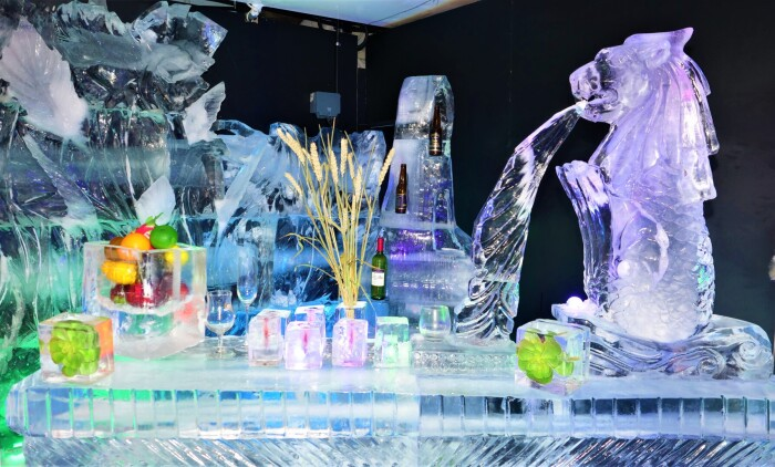 ice bar with merlion, fruits