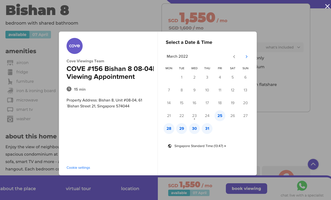 calendar to book a viewing with Cove